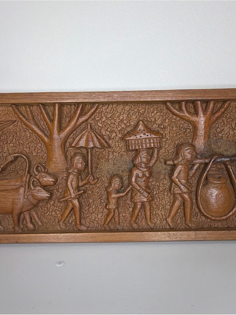 Vintage Hand-Carved Wooden Wall Panel - Brown Rustic Village Scene
